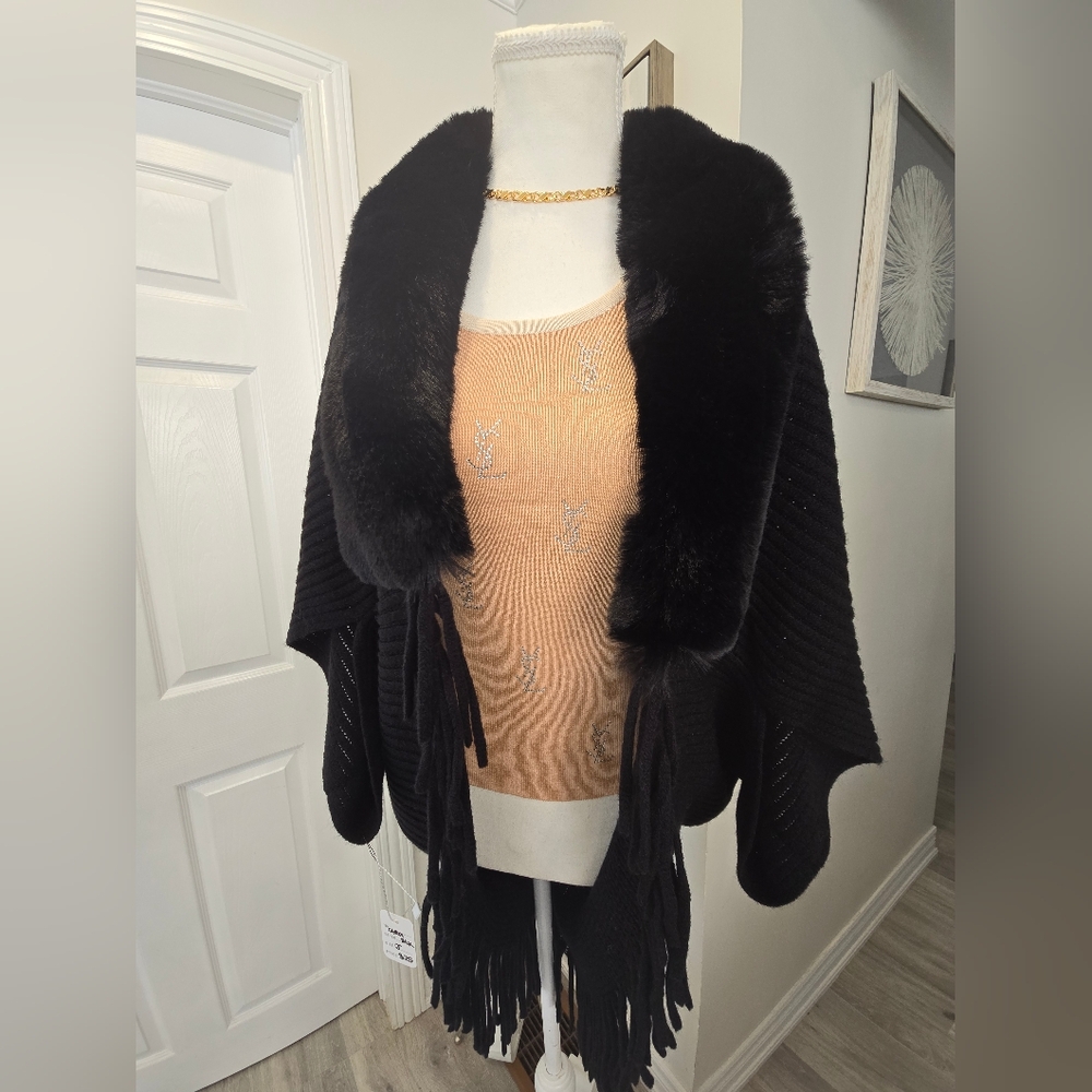 🌹Women's Fur Collar Shawl Cape Women's Knitted Cardigan Cape Top Women's